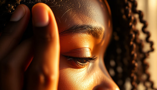 Black woman touching her hairline where baby hairs are regrowing along the edges