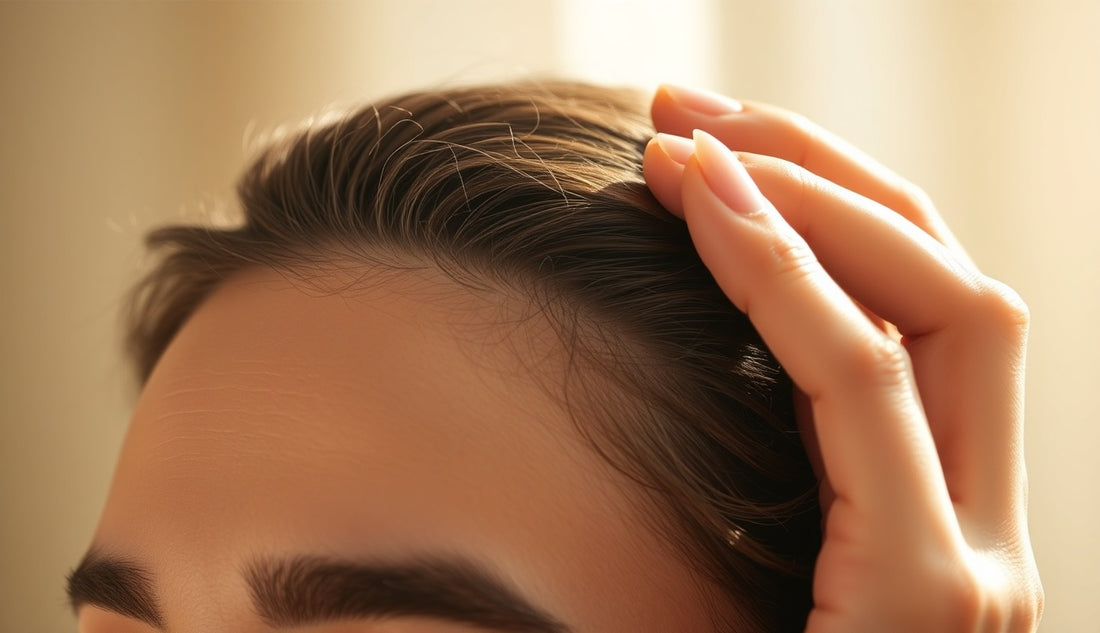 Woman gently smoothing natural hair edges along her temple hairline