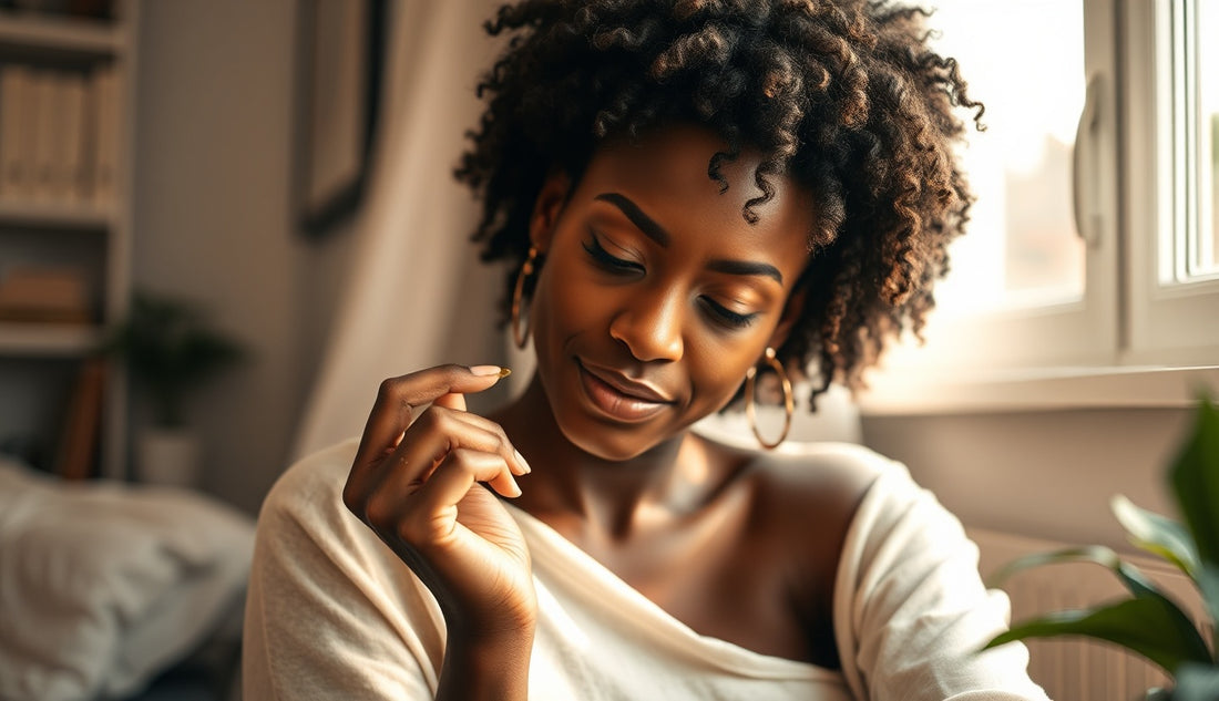 Black woman with natural hair gently massaging oil into her scalp near a window