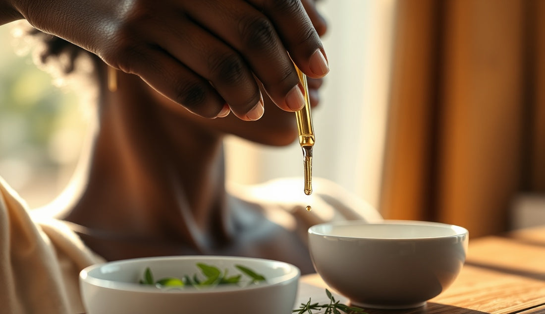 Woman applying hair growth oil to thinning temple edges in morning light