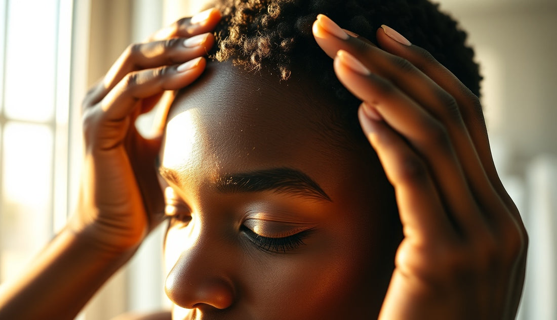 Black woman examining thinning hairline in warm morning light
