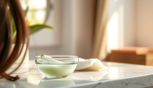 Woman's hairline in soft light with aloe vera gel bowl nearby for scalp care