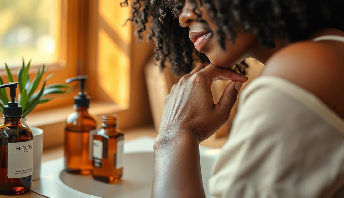 Black woman gently applying oil to natural coily hair at a wooden vanity