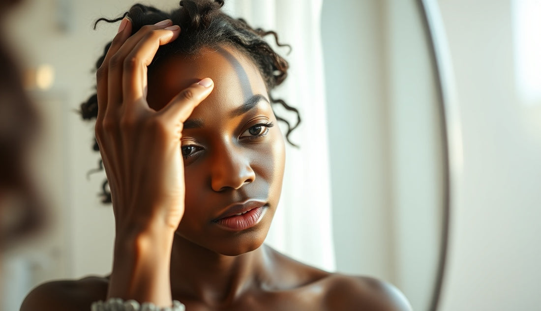 Black woman examining her thinning temple hairline in a bathroom mirror