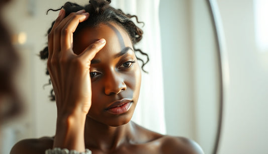 Black woman examining her thinning temple hairline in a bathroom mirror