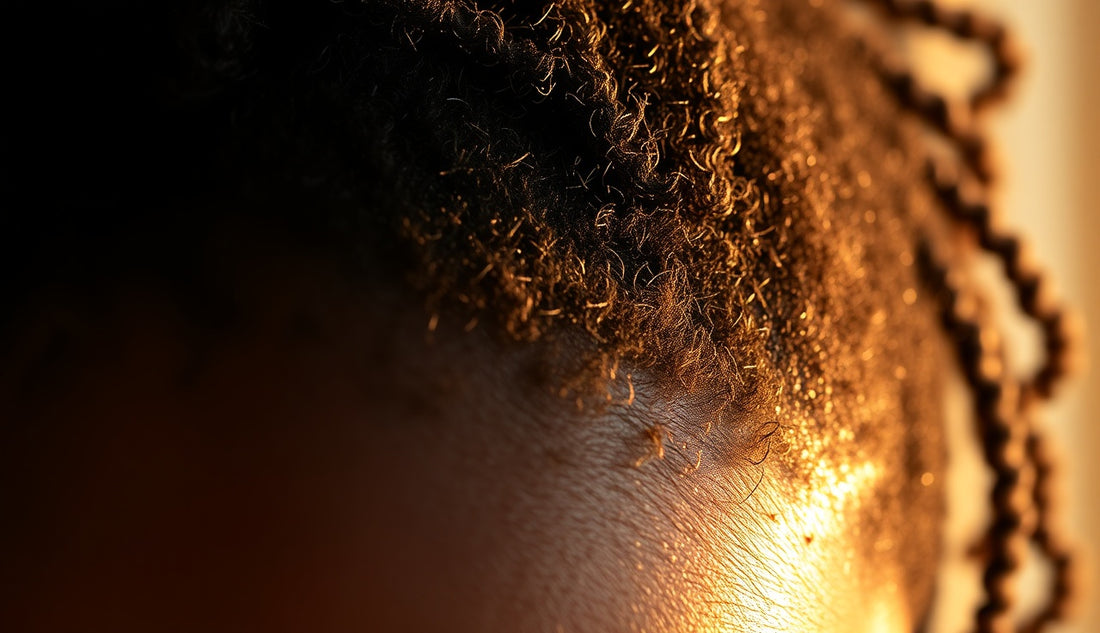 Close-up of a Black woman's temple hairline showing natural new growth and textured edges