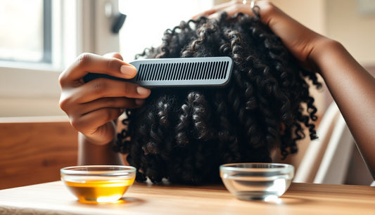 Black woman carefully detangling natural coily hair showing breakage care routine
