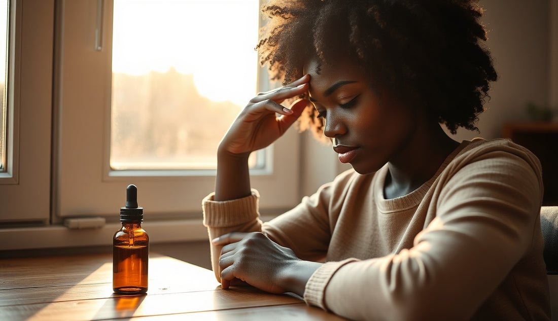 Black woman massaging her scalp near a window during postpartum hair loss recovery