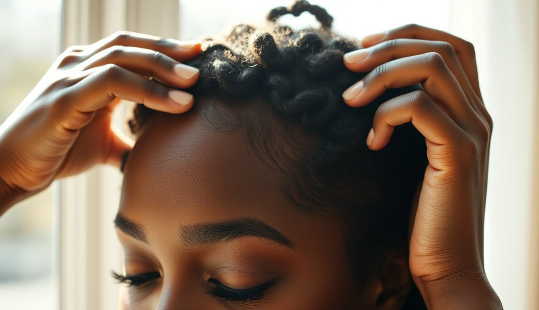 Black woman examining thinning edges at her temple in natural light