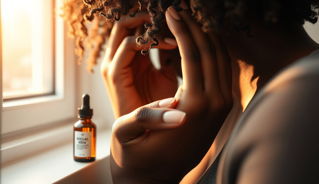 Black woman applying scalp serum to hairline for postpartum hair regrowth