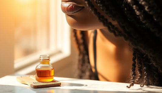 Black woman's thinning edges near hairline with scalp care oils on a marble surface