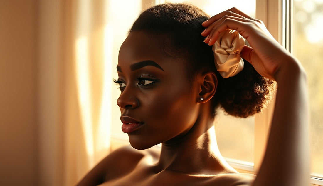 Black woman with loose low bun examining thinning postpartum edges in morning light
