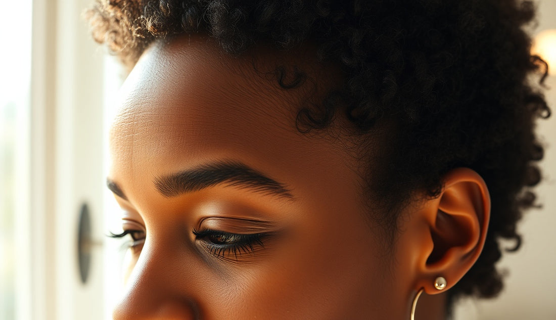Black woman's natural hair showing short postpartum regrowth at the temple hairline