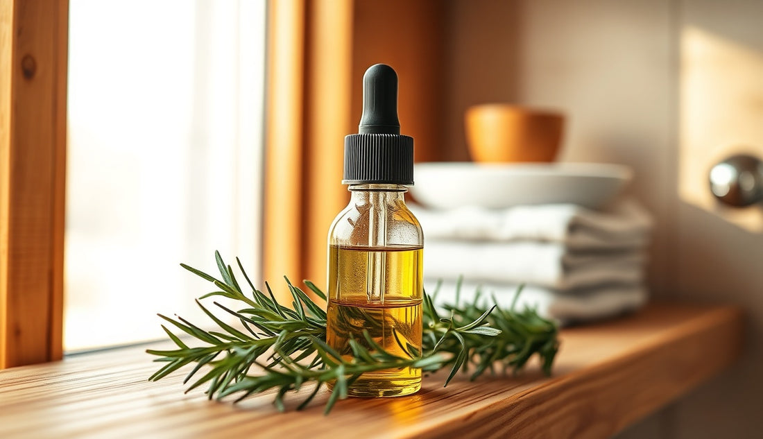 Glass dropper bottle of rosemary oil with fresh rosemary sprigs on wooden shelf