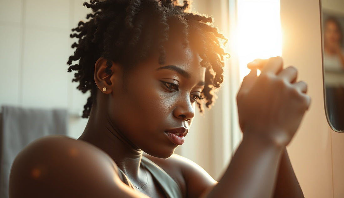 Black woman applying leave-in conditioner to short natural 4c hair