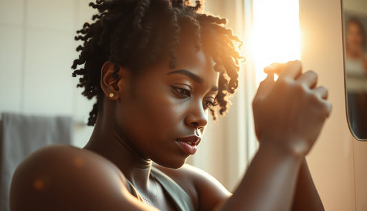 Black woman applying leave-in conditioner to short natural 4c hair