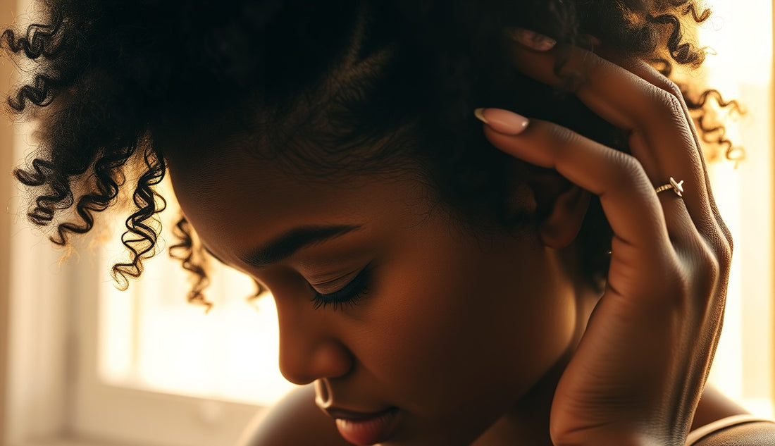 Black woman examining thinning edges and natural hair near a sunlit window