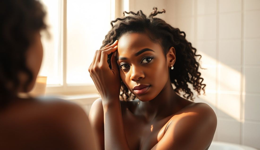 Black woman examining thinning postpartum hairline in a sunlit bathroom mirror