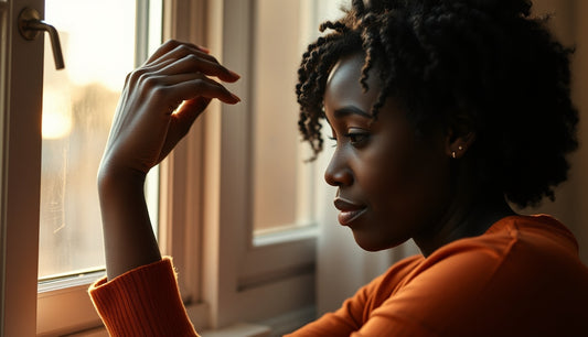 Black woman examining postpartum hairline thinning near temples in morning light