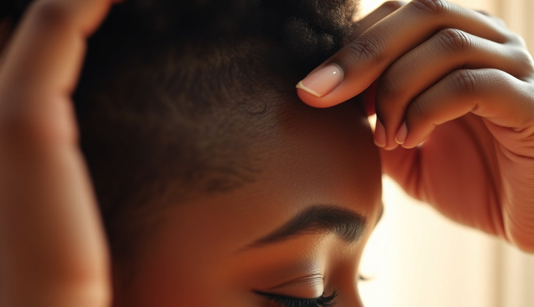 Close examination of a Black woman's thinning hairline near the temple