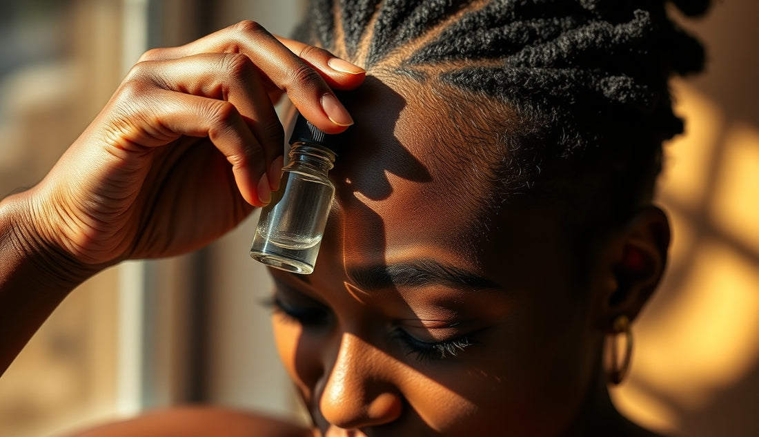 Woman applying hair growth serum to thinning temple edges with a dropper
