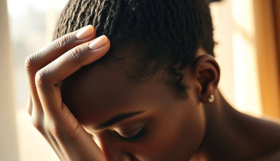 Black woman examining thinning edges and hairline regrowth at her temple