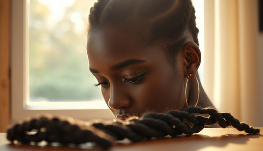 Black woman's hairline and temples shown in warm window light near uninstalled braids
