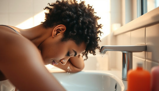 Woman rinsing natural textured hair at sink, hairline and scalp visible