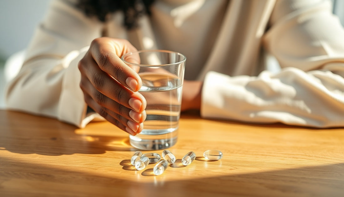 Black woman's hands with supplement capsules and water on wooden table for edge regrowth