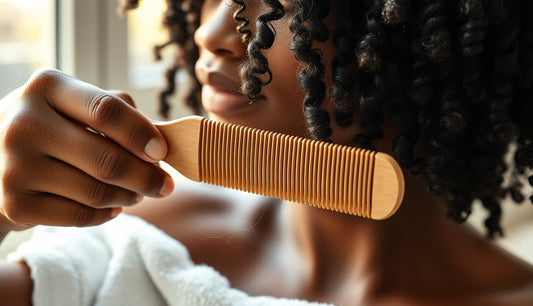 Black woman detangling natural textured hair with wide-tooth comb near window
