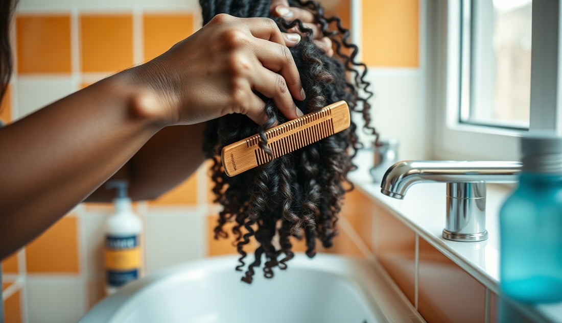 Black woman detangling coily textured hair with wide-tooth comb at bathroom sink