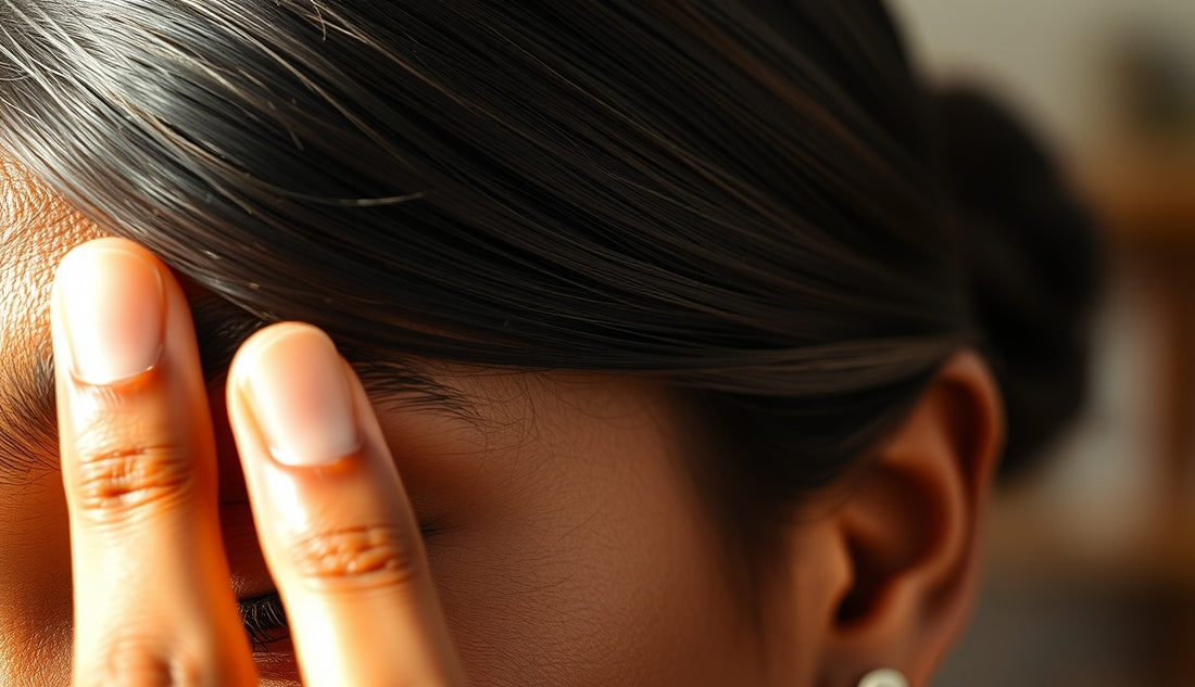 Black woman gently touching her thinning winter edges at her temple hairline