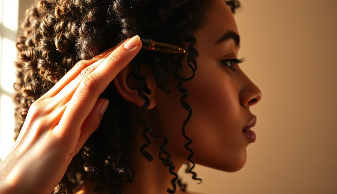 Woman applying oil to thinning edge on one side of her hairline