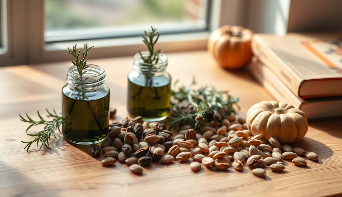 Herbal oils and plant ingredients for natural hair growth on wooden surface