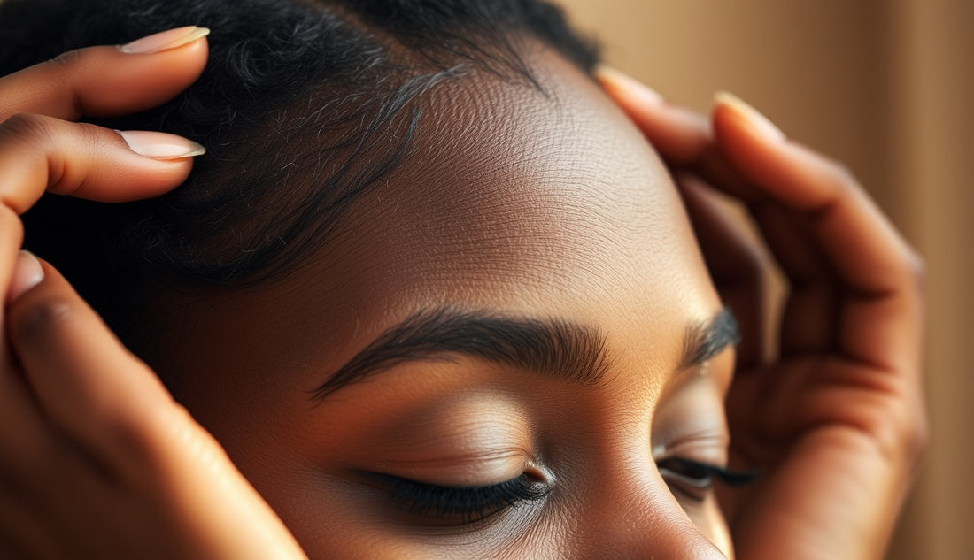 Black woman examining hairline regrowth after postpartum hair loss in morning light
