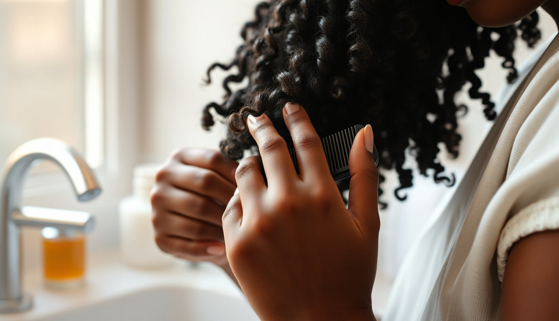 Black woman finger-detangling natural coily hair with wide-tooth comb at bathroom counter