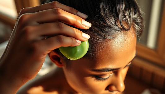 Hands applying fresh aloe vera gel to a woman's thinning edges at the hairline