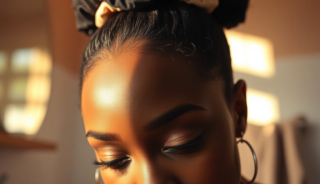 Black woman's hairline and edges with a loosely gathered high ponytail secured by a satin scrunchie