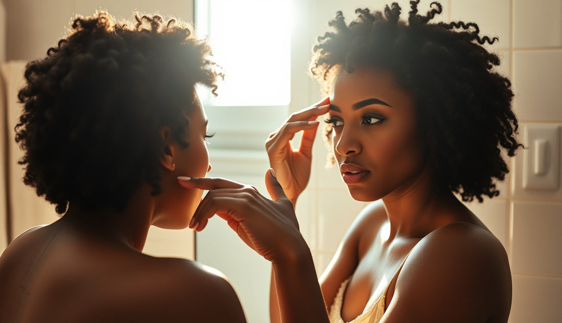 Black woman examining thinning edges and postpartum hairline regrowth in bathroom mirror