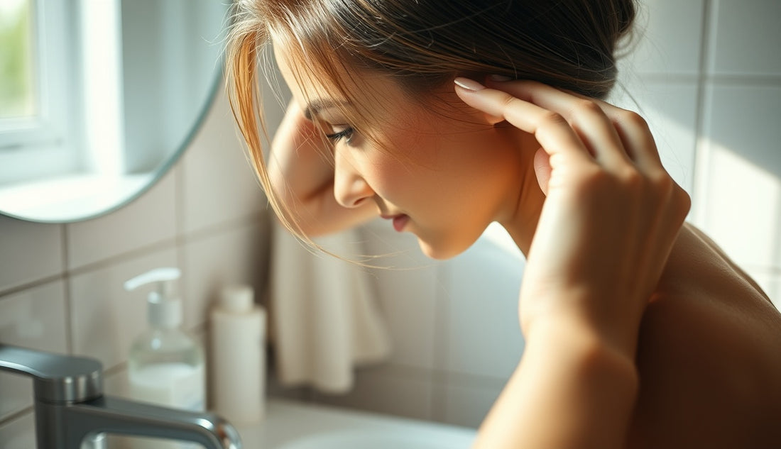 Woman gently shampooing thinning edges at bathroom sink in morning light