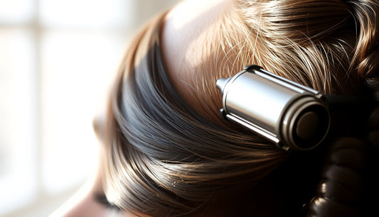 Small derma roller resting on a woman's temple near thinning edges