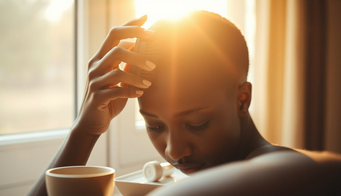 Black woman carefully applying hairline powder to cover thinning edges at her temples