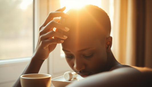 Black woman carefully applying hairline powder to cover thinning edges at her temples