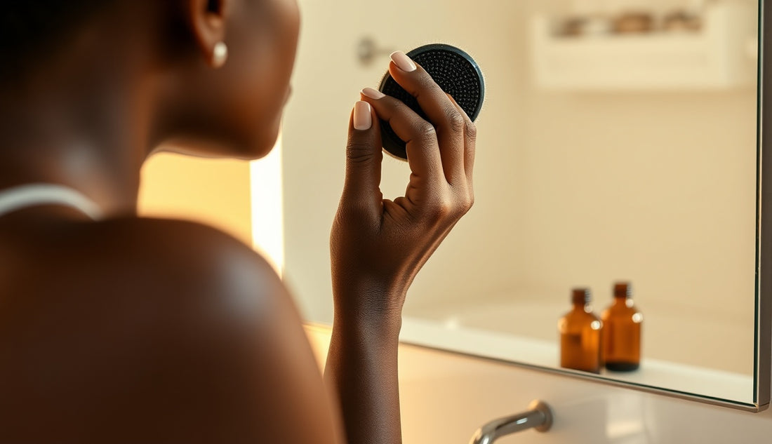Woman smoothing 4c natural hair edges with a soft brush in morning light