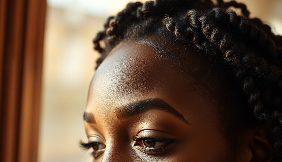 Black woman's temple showing natural textured hair with visible hairline regrowth