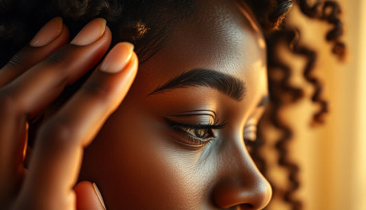 Black woman touching thinning hairline with new baby hair growth visible