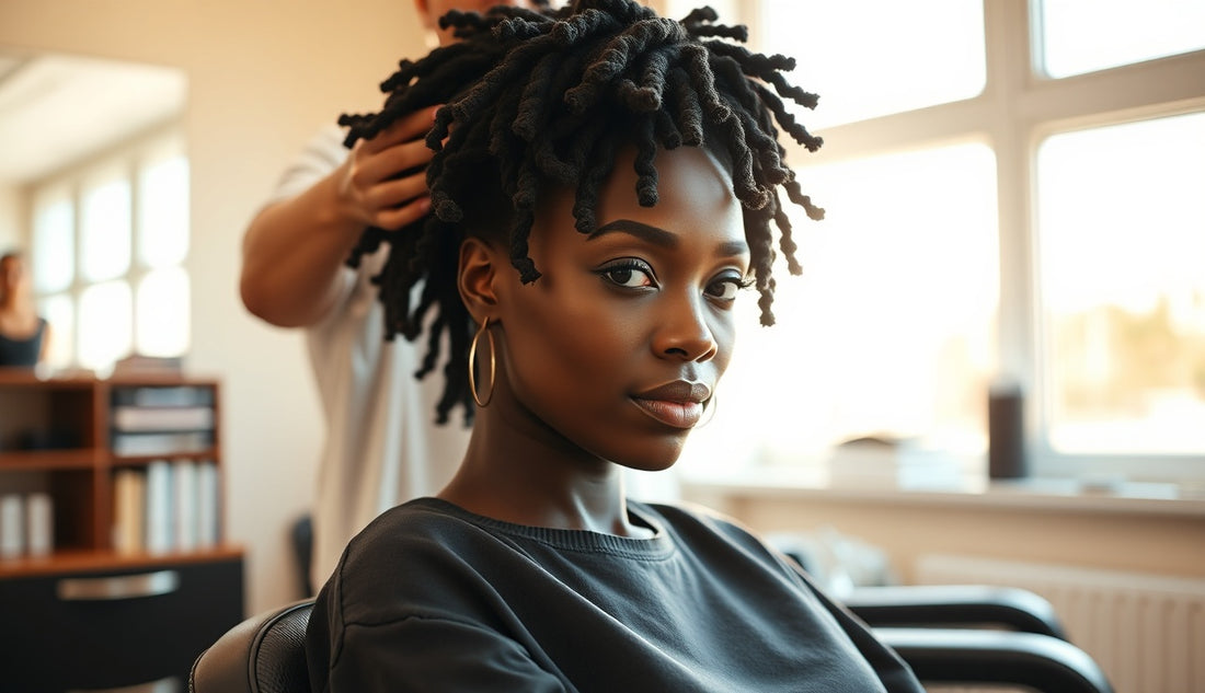 Black woman with crochet locs protective weave style in sunlit salon chair