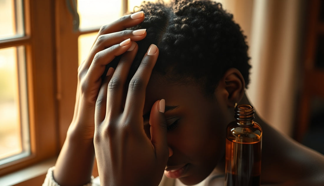 Black woman gently massaging her natural hairline edges with fingertips in warm morning light