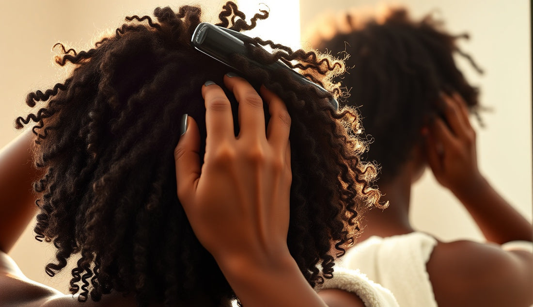 Woman combing natural coily hair with short broken strands on white towel
