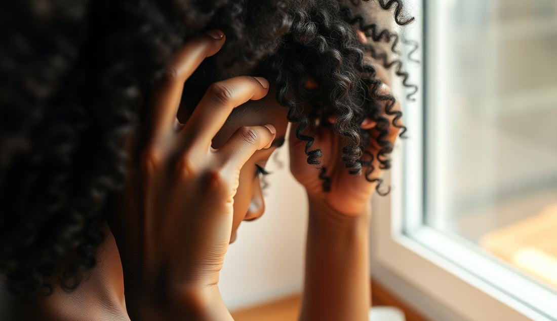 Black woman examining her thinning hairline and edges in natural morning light
